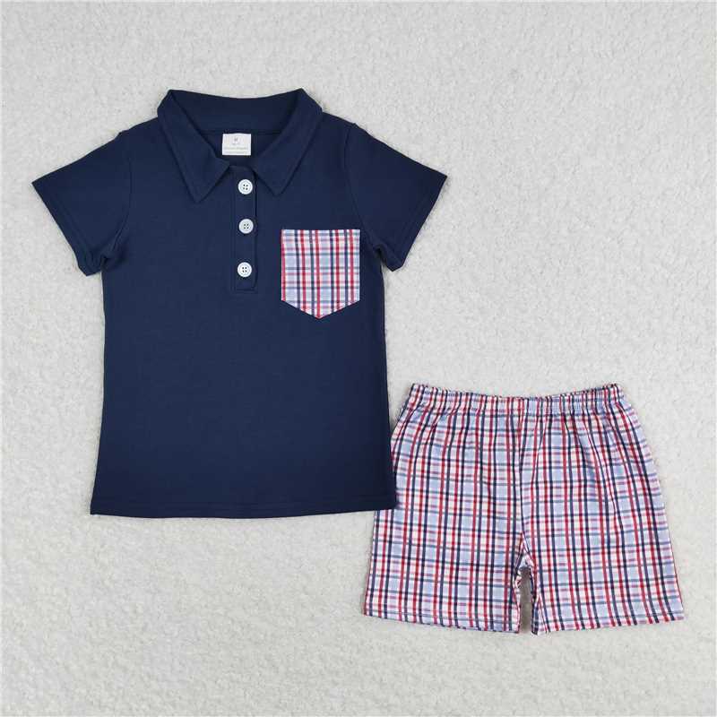 BSSO0628 Baby Boys Navy Pullover Top Checkered Shorts Clothes Sets