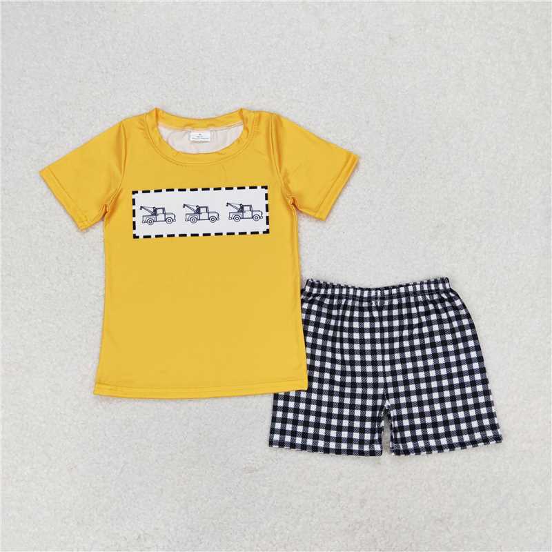 BSSO0820 Baby Boys Trucks Short Sleeve Tee Checkered Shorts Clothes Sets