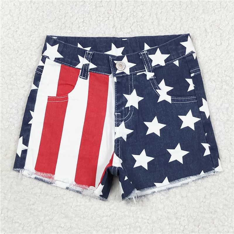 SS0168 RTS NO MOQ Baby Girls Denim Pants Baby Girls 4th Of July Stripes Stars Denim Shorts