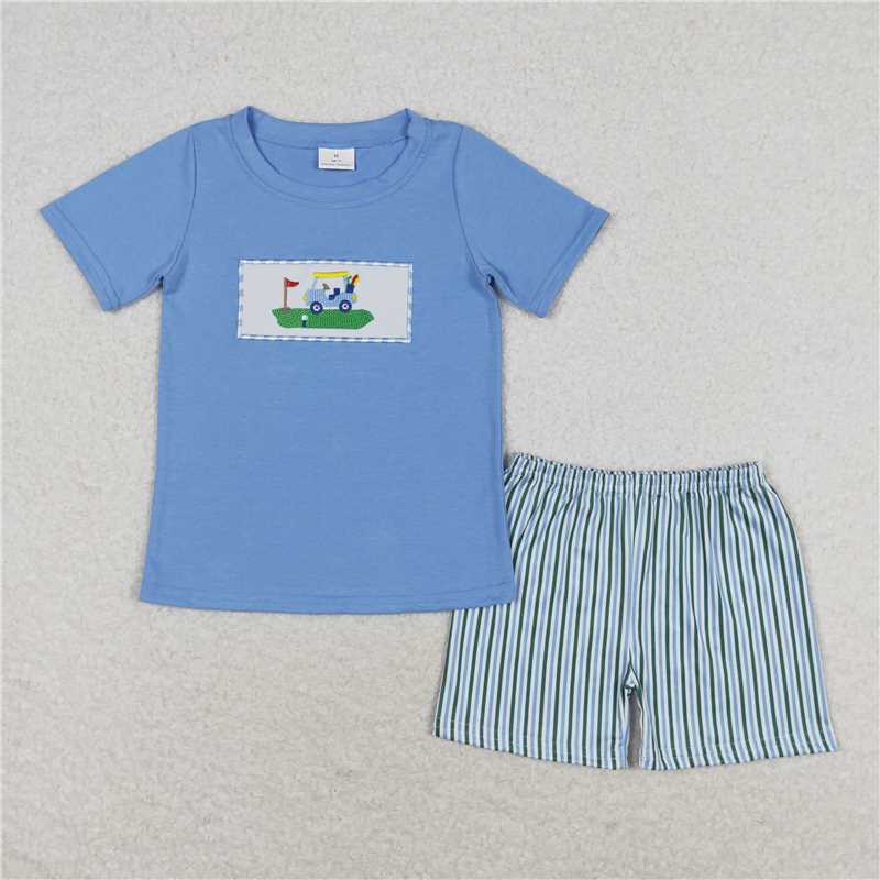 BSSO0616 Baby Boys Blue Golf Shirt Stripes Shorts Clothes Sets