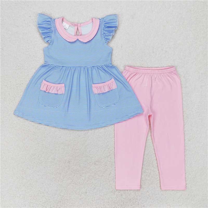 GSPO1241 Blue striped pink lace baby collar flying sleeves trousers set