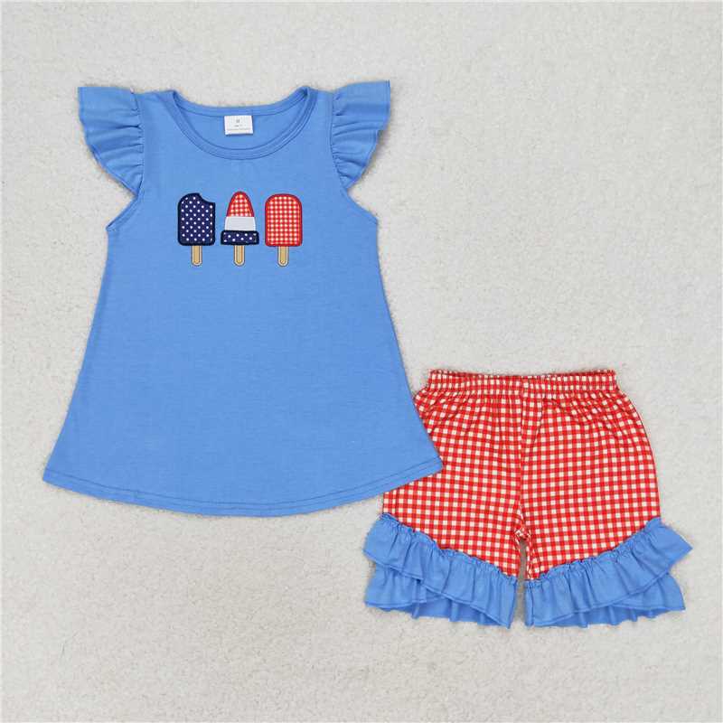 GSSO0860Blue popsicle top plaid shorts girls 4th of july clothes