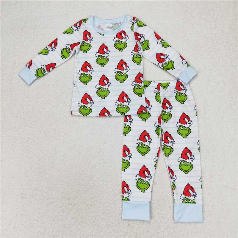 BLP0475Long sleeves stripe green face boys Christmas pajamas