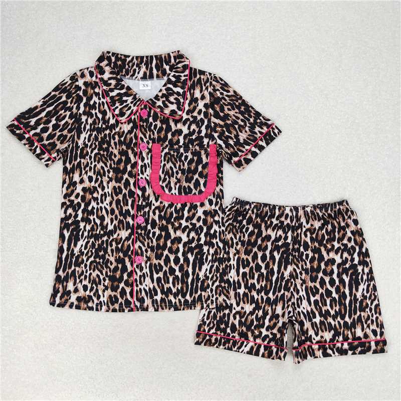GSSO1122 GSSO1283 Adult Girls Button Cardigan Short Sleeve Shorts Pajama Set: Leopard & Geometric Stripes