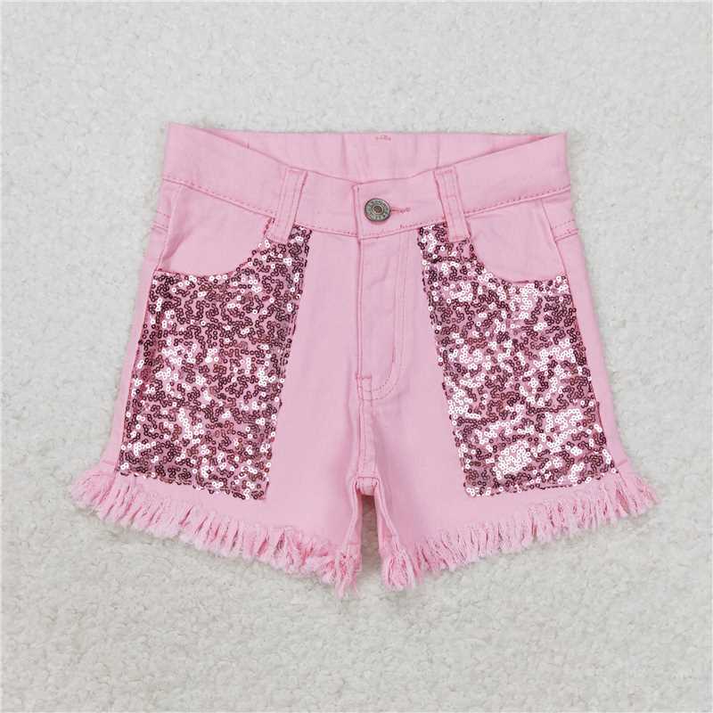 SS0230 Baby Girls Pink Sequin Summer Denim Shorts