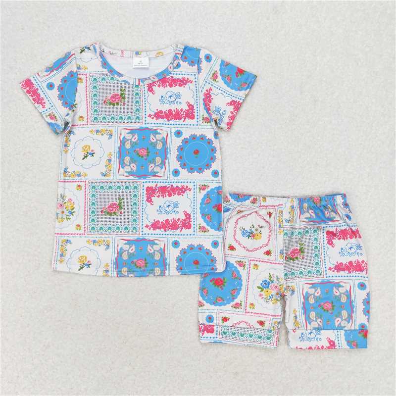 GSSO1304 Floral plaid short-sleeved shorts set