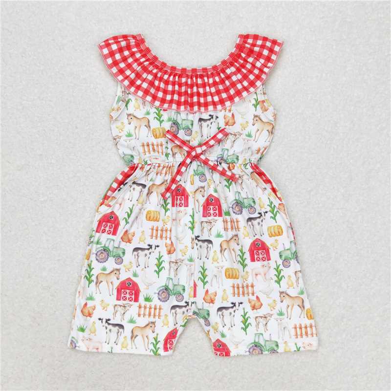 SR1301 Baby Girls Red Farm Checkered Summer Pockets Shorts Jumpsuits