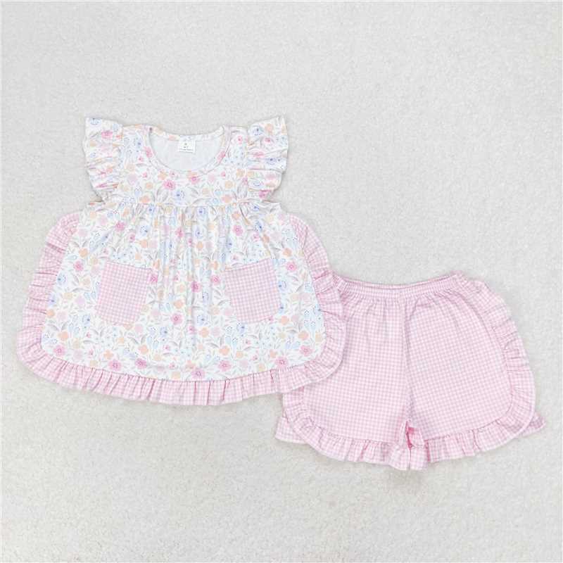 GSSO1057 Floral pink plaid pocket sleeve shorts set
