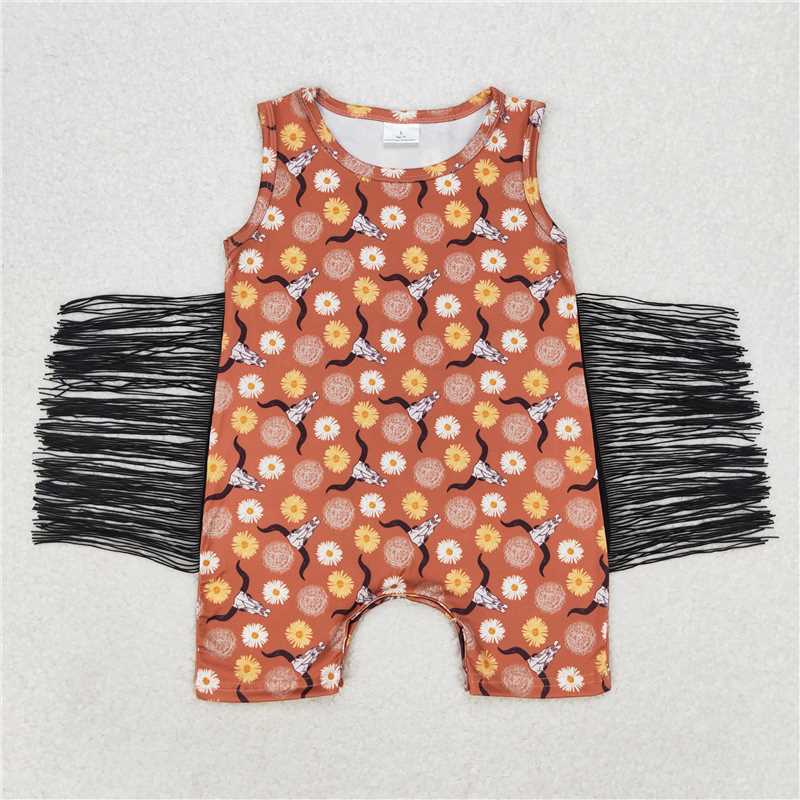 SR1111 Baby Infant Girls Fringe Western Cow Flowers Sleeveless Rompers