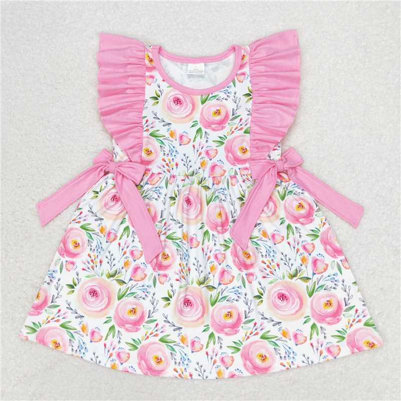11.12 RTS NO MOQ (In stock)Matching GSD1070 Baby Girls Pink Rose Flowers Ruffle Bows Knee Length Dresses