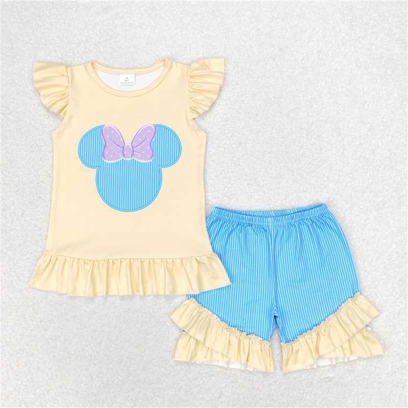 GSSO1159 Bow knot Minnie Mickey yellow flying sleeves blue striped shorts set