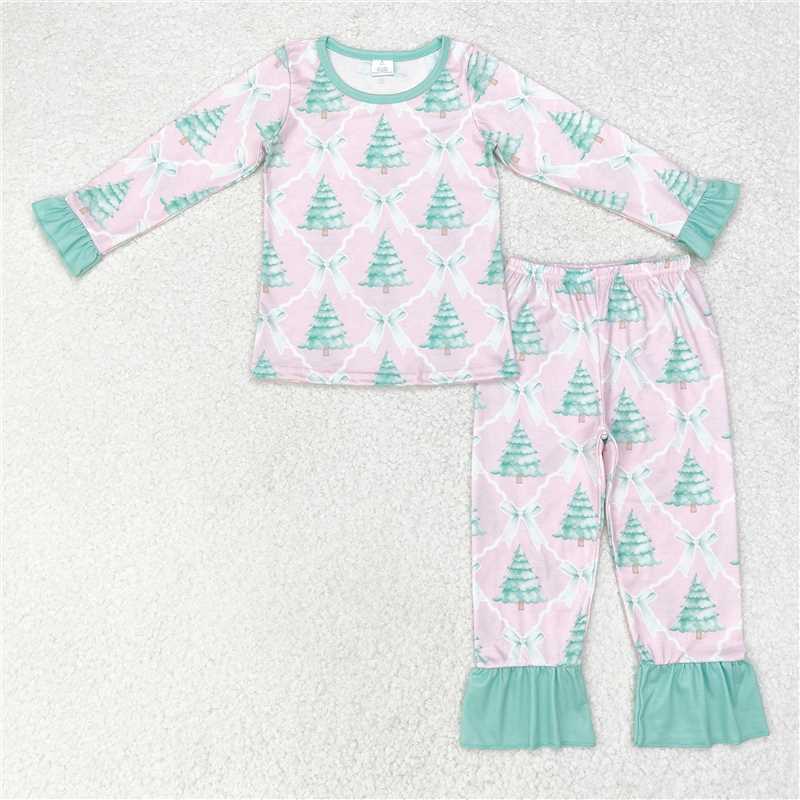 12.10 RTS NO MOQ (In stock)GLP1242 Baby Girls Christmas Pink Bows Trees Tops Pants Bamboo Pajamas Clothes Sets