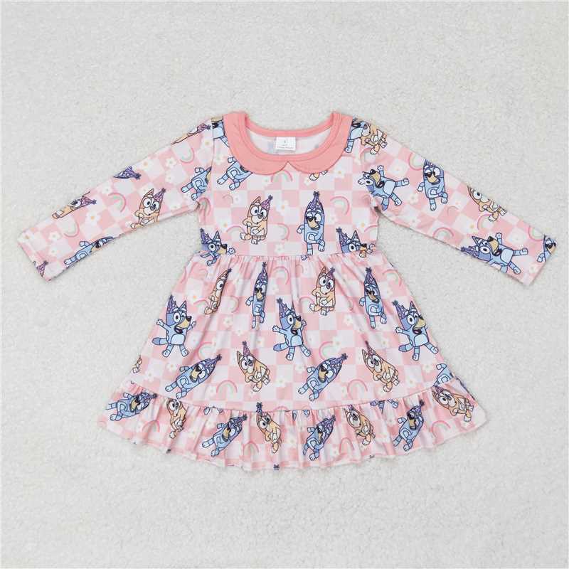 GLD0577 Baby Girls Dogs Rainbow Pink Ruffle Knee Length Dresses