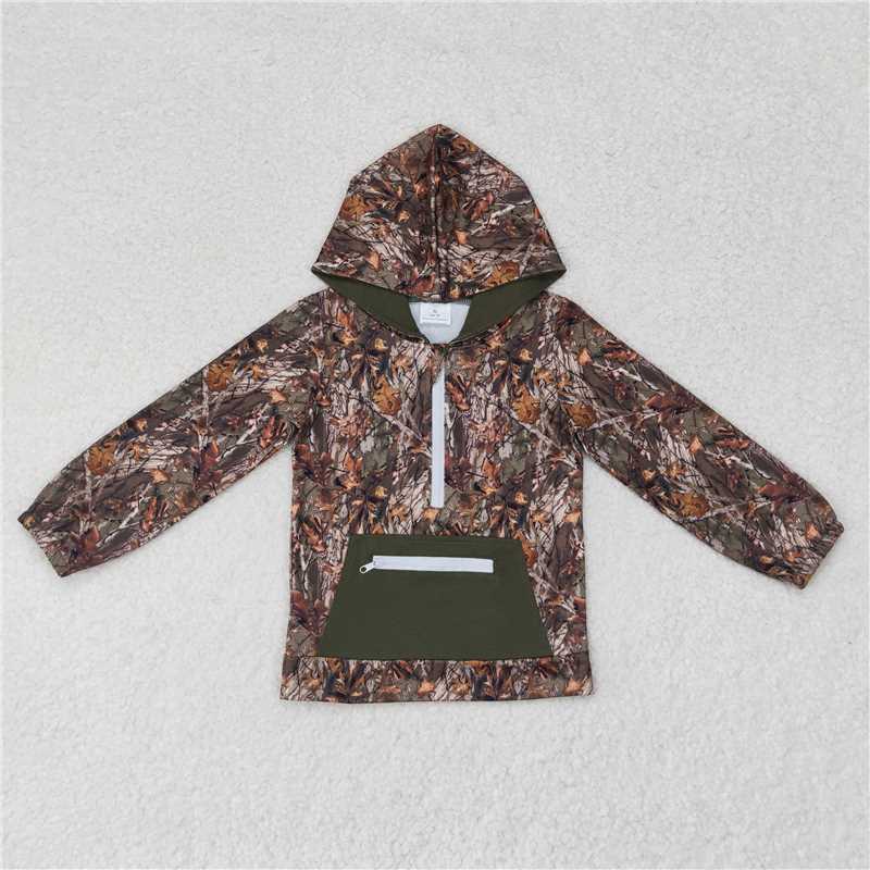 BT0756 Leaf and branch camouflage zipper pocket hooded long sleeve