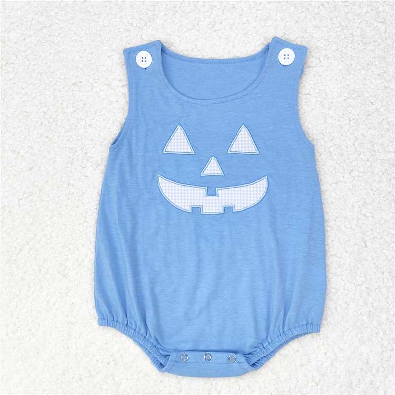 SR1926 Baby Infant Blue Halloween Ghost Face Sleeveless Rompers