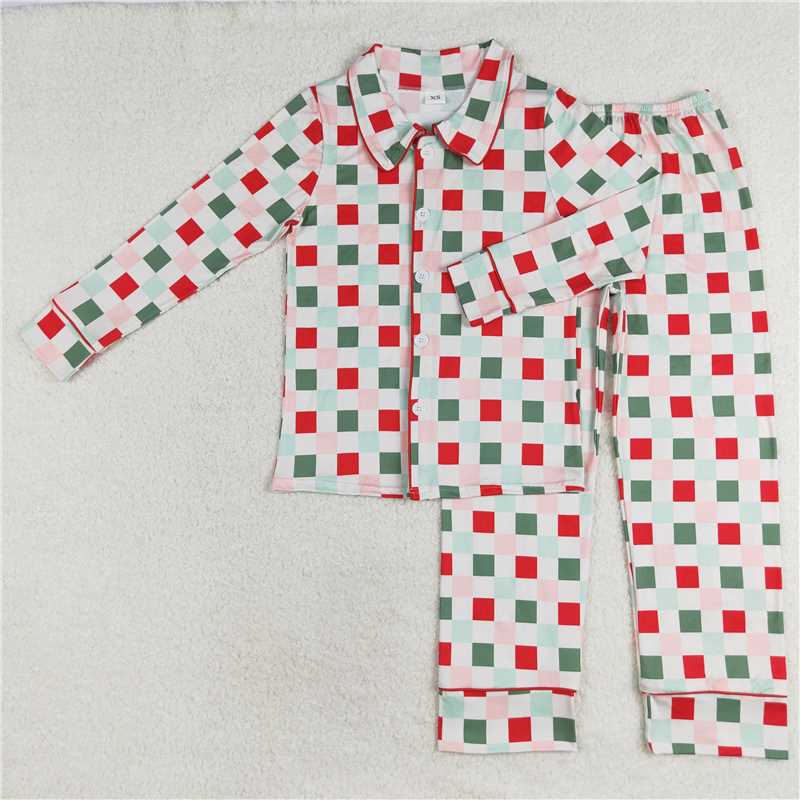GLP1353 Adult Women Christmas Checkered Buttons Top Pants Pajamas