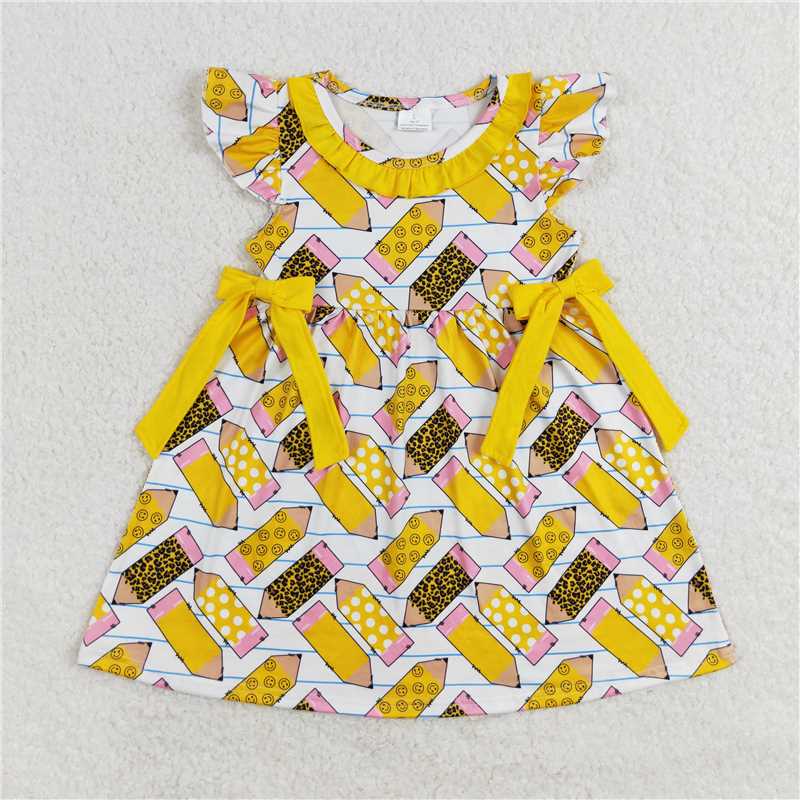 12.27 RTS NO MOQ (In stock)GSD1038 Baby Girls Back To School Pencils Bows Knee Length Dresses