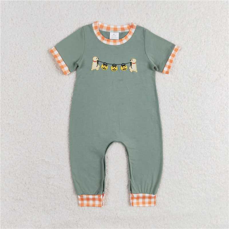 USA Shop (in stock)SR1793 Baby Infant Boys Dog Halloween Pumpkins Short Sleeve Rompers