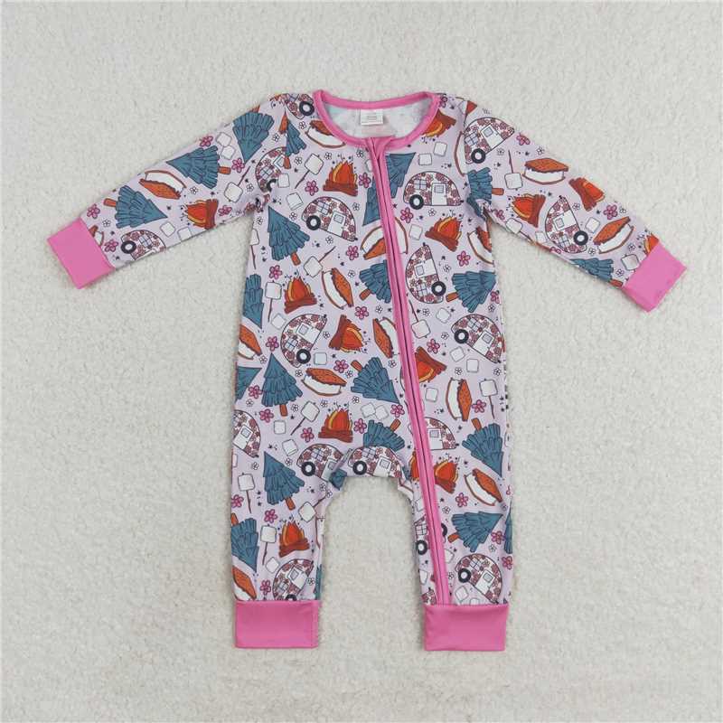 LR1210Floral camping long sleeves cookie baby girls zipper romper