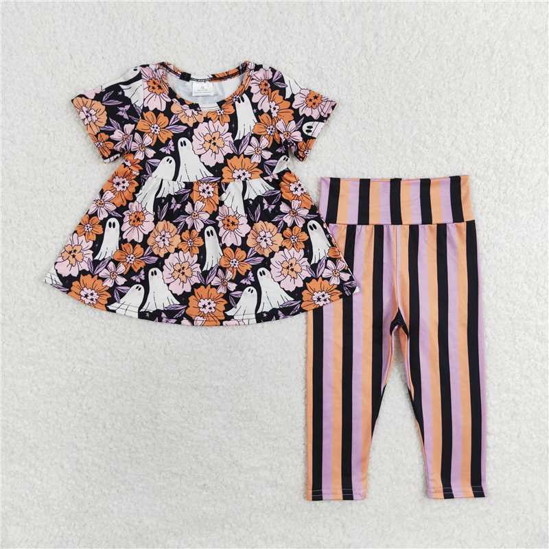 GSPO1617 Flower ghost short-sleeved purple, orange and black striped trousers suit