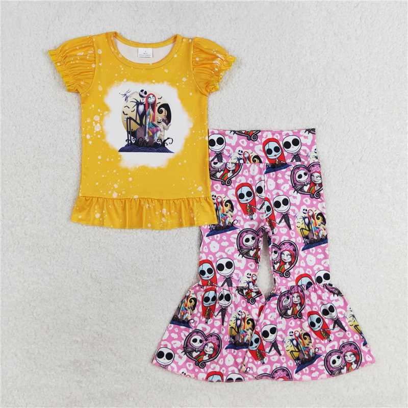 10.17 RTS NO MOQ (In stock)Matching Halloween GSPO1587 Baby Girls Halloween Nightmare Tops Bell Pants Clothes Sets