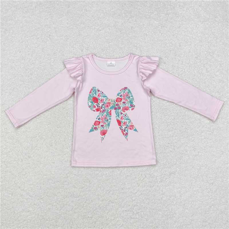 GT0699 Baby Girls Pink Floral Bow Long Sleeve Tee Shirts Tops
