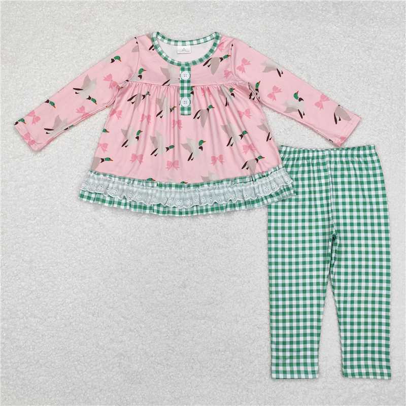 11.6 RTS NO MOQ (In stock)Matching GLP1753 Baby Girls Mallard Ducks Bows Tunic Top Checkered Legging Clothes Sets