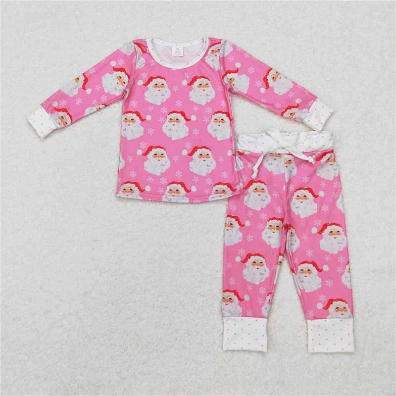 11.7 RTS NO MOQ (In stock)Matching Christmas GLP1583 Baby Girls Santa Pink Christmas Bamboo Pajamas Clothes Sets