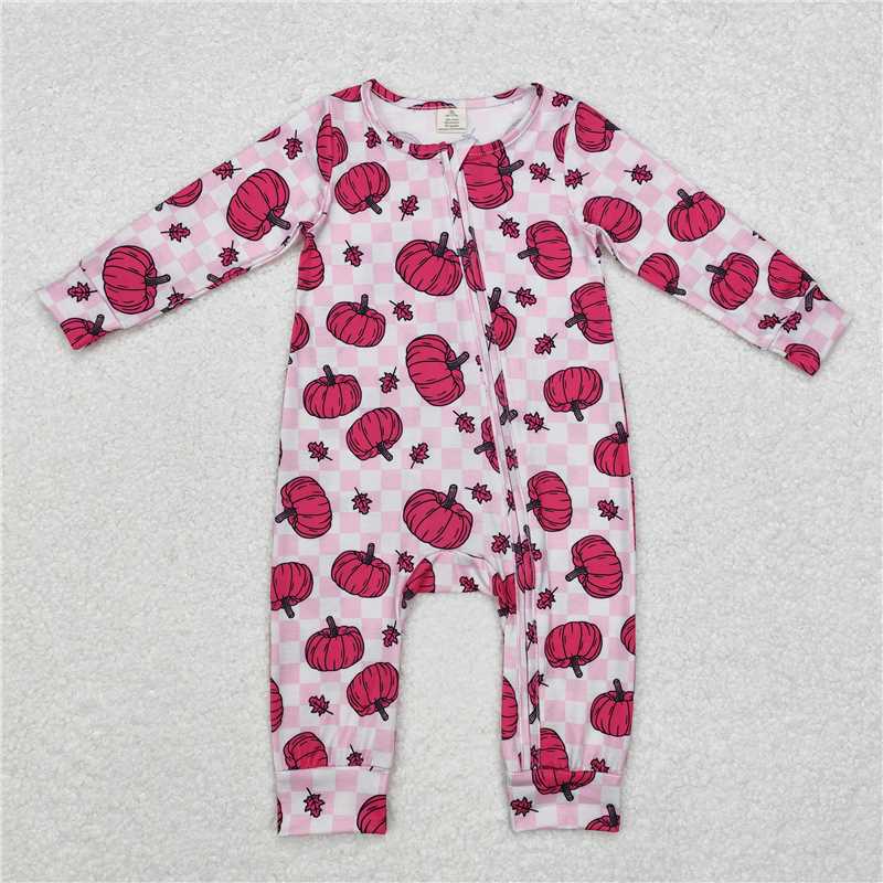 LR1456Pink plaid pumpkin baby girls fall zipper romper