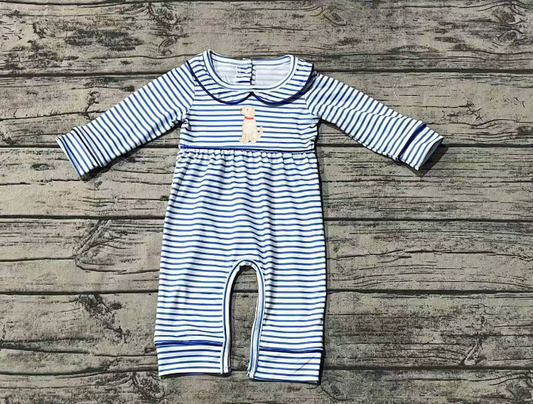 RTS LR1447 Boys Embroidered Puppy Striped Doll Collar Blue and White Long Sleeve Onesie