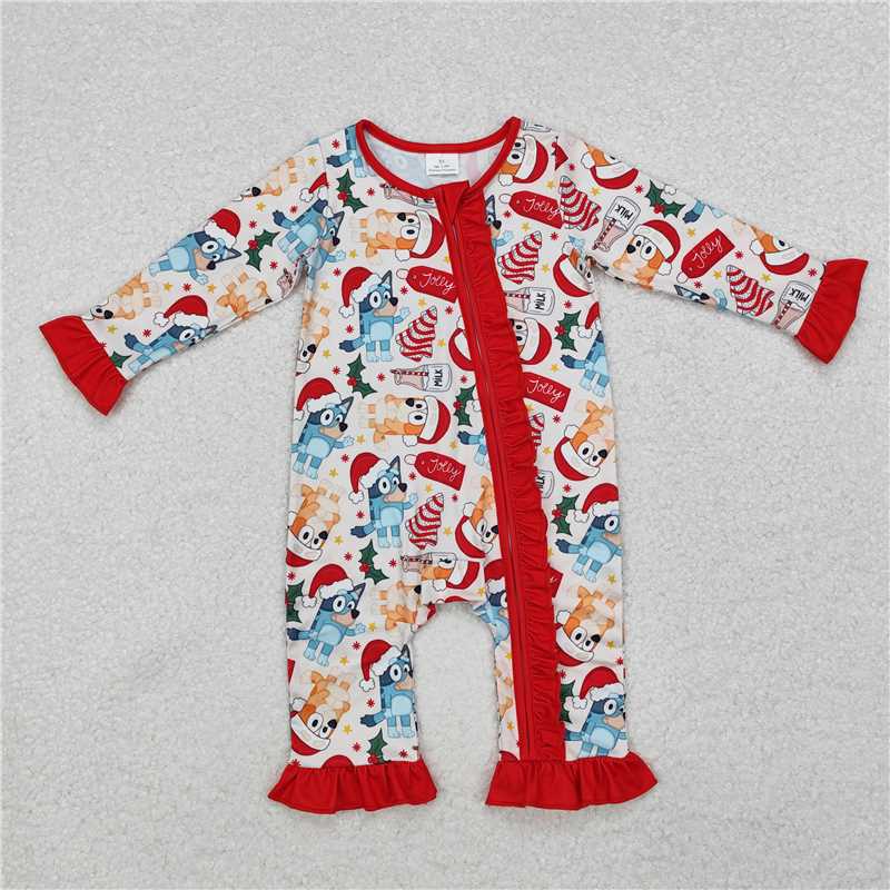 12.11 RTS NO MOQ (In stock)Matching Christmas LR1685 Baby Infant Girls Christmas Dogs Ruffle Long Sleeve Rompers