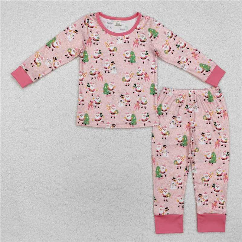 12.9 RTS NO MOQ (In stock)GLP2094 Baby Girls Christmas Pink Santa Deer Bamboo Pajamas Outfits Sets