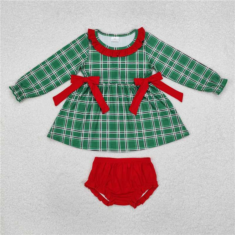 GBO0406 Baby Girls Green Checkered Long Sleeve Tunic Top Bummies Clothes Sets