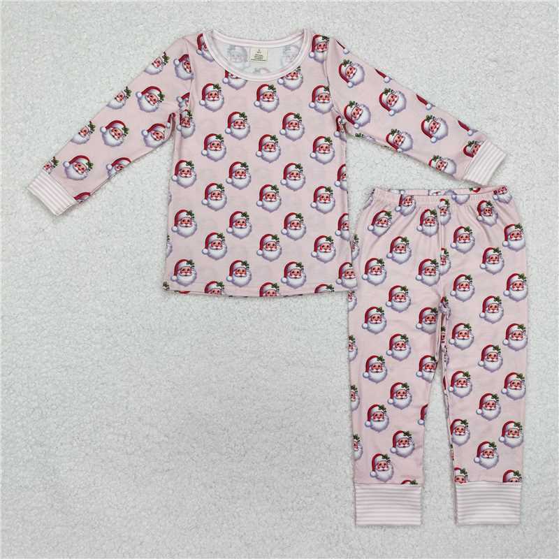 12.12 RTS NO MOQ (In stock)GLP1833 Baby Girls Pink Santa Bamboo Pajamas Clothes Sets