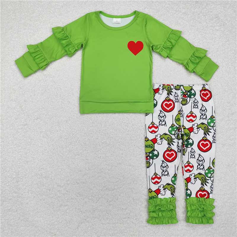 12.12 RTS NO MOQ (In stock)GLP2089 Baby Girls Green Christmas Heart Ruffle Shirt Legging Clothes Sets