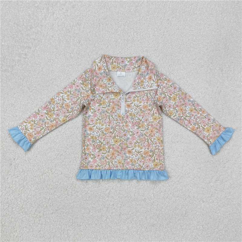 GT0722 Baby Girls Blue Pink Flowers Zip Long Sleeve Pullovers Tops