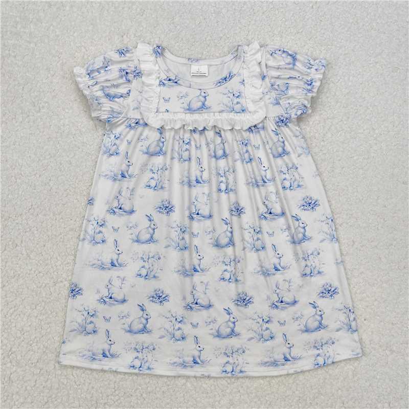 12.23 RTS NO MOQ (In stock)GSD1531 Baby Girls Easter Blue Rabbit Butterfly Knee Length Dresses