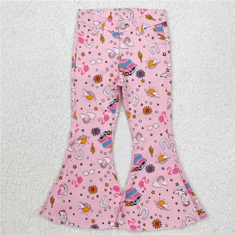 P0407 Sibling Baby Girls Pink Doll Bell Flare Denim Pants Jeans