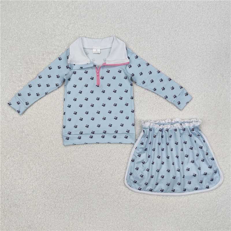 11.25 RTS NO MOQ (In stock)Matching GLD0972 Baby Girls Blue Flowers Zip Top Ruffle Skort Short Clothes Sets