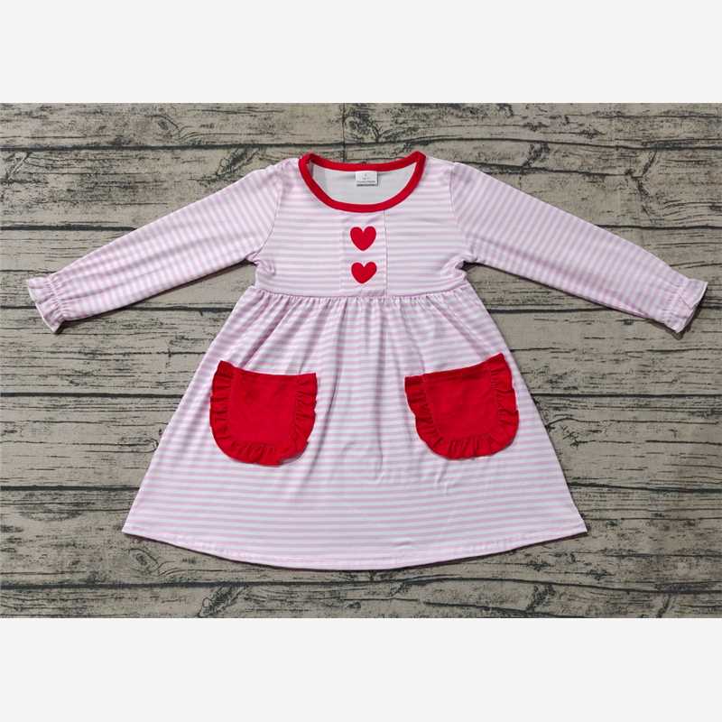 GLD0853 Baby Girls Pink Stripes Heart Pockets Knee Length Dresses Preorder