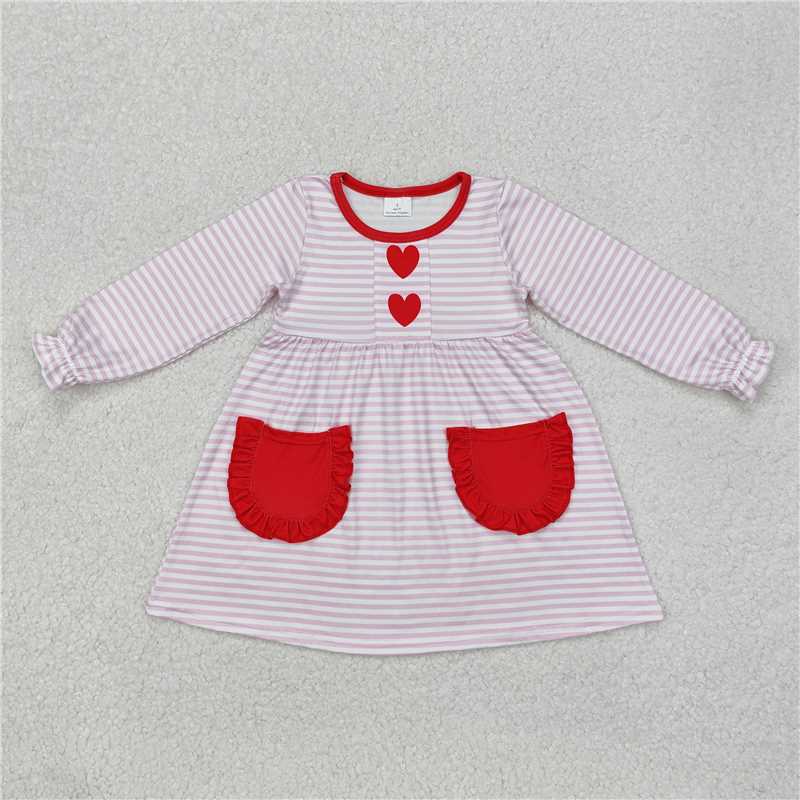 12.4 RTS NO MOQ (In stock)Matching GLD0853 Baby Girls Pink Stripes Heart Pockets Knee Length Dresses