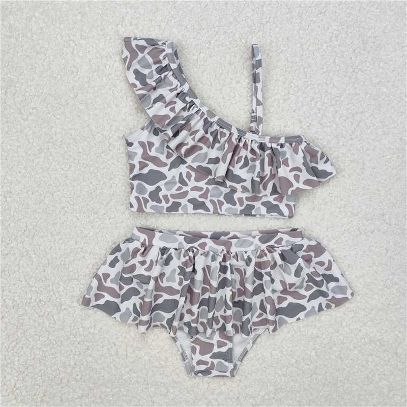 S0457 RTS NO MOQ Baby Girls Summer Swimsuits Baby Girls Grey Camo Ruffle Top Bummie 2pcs Swimsuits