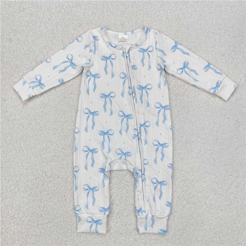 11.26 RTS NO MOQ (In stock)Matching LR2070 Baby Infant Girls Blue Bows Cable Knit Zip Rompers