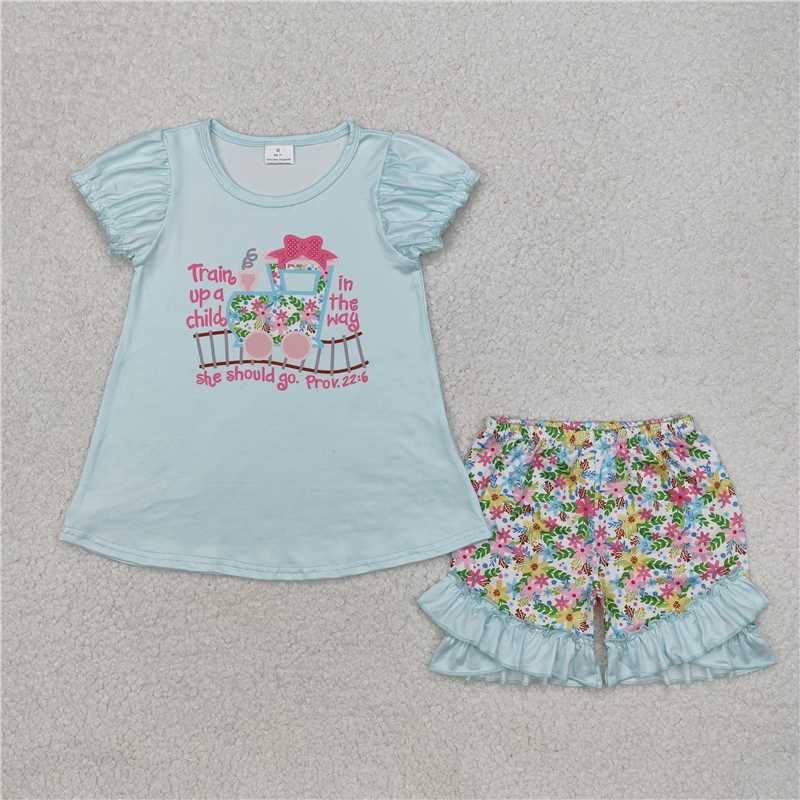 GSSO1643 RTS NO MOQ Baby Girls Summer Outfits Short sleeves floral train top ruffle shorts girls clothes