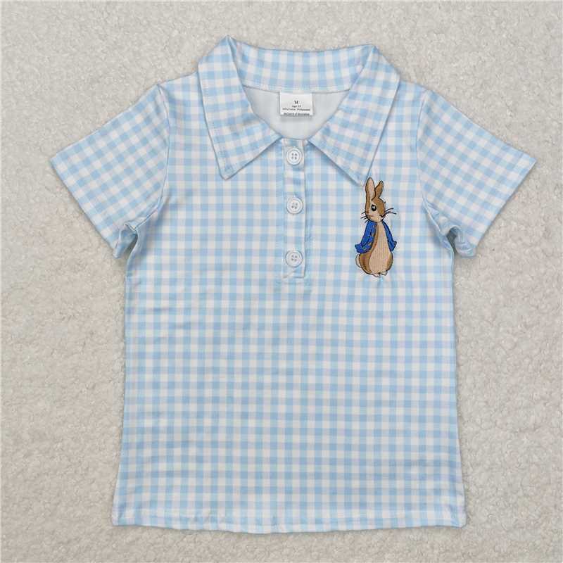 12.25 RTS NO MOQ (In stock)BT1095 Baby Boys Blue Checkered Rabbit Short Sleeve Tee Shirts Tops