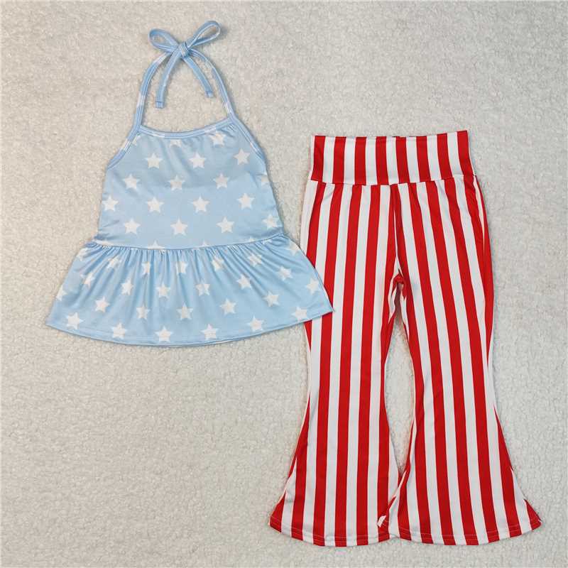 12.30 RTS NO MOQ (In stock)GSPO1974 Baby Girls 4th Of July Stars Halter Tunic Bell Pants Clothes Sets