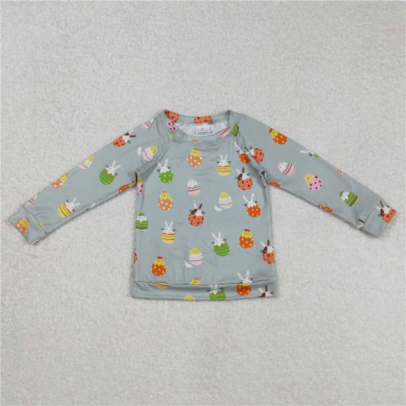 12.26 RTS NO MOQ (In stock)BT1137 Baby Boys Easter Green Rabbits Eggs Long Sleeve Raglan Tops