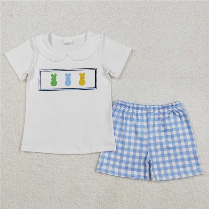 12.25 RTS NO MOQ (In stock)BSSO1243 Baby Boys Easter Rabbits Collar Shirts Shorts Clothes Sets