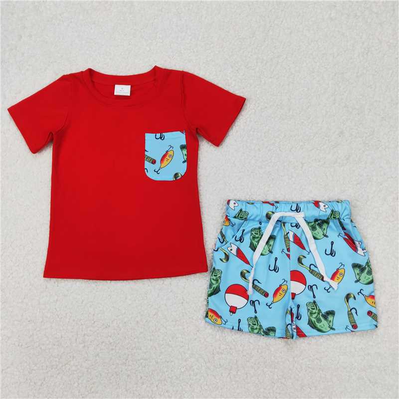 12.25 RTS NO MOQ (In stock)Matching BSSO1289 Baby Boys Fishing Float Pocket Shirts Top Shorts Clothes Sets