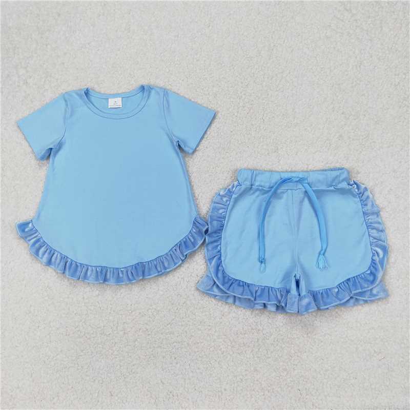 12.19 RTS NO MOQ (In stock)Matching GSSO2183 Baby Girls Blue Cotton Top Ruffle Shorts Clothes Sets